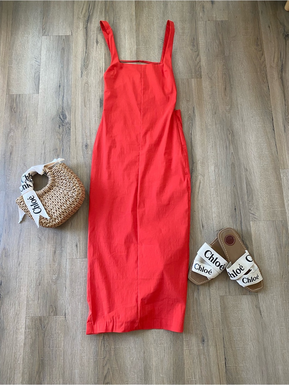 Zara orange Square-Neck Midi Dress with Slim Straps open back